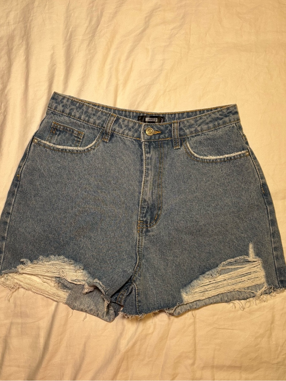 Missguided Distressed High-Waist Denim Shorts